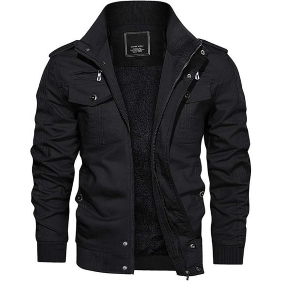 Men's Thick Fleece Cargo Jacket-Black
